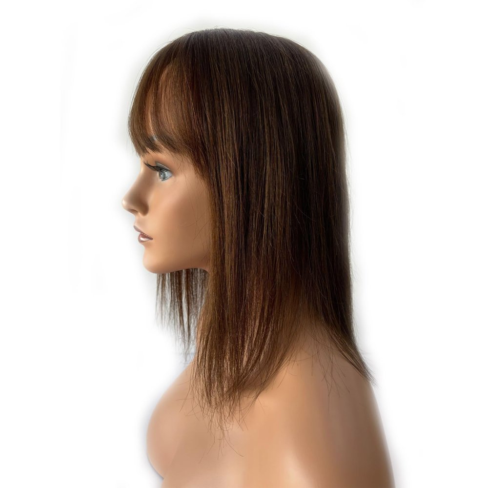 12x13cm(4.7"x5.1") full silk based human hair topperswith bangs for women thin hair or hair loss gift. 4 clips Natural looking 14 Dark Brown)