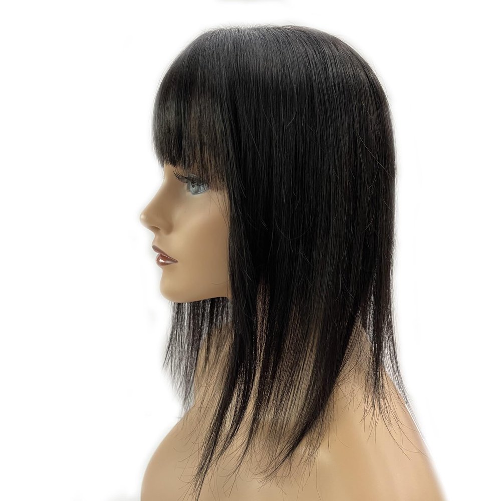 12x13cm(4.7"x5.1") full silk based human hair topperswith bangs for women thin hair or hair loss gift. 4 clips Natural looking 18 Natural Black)
