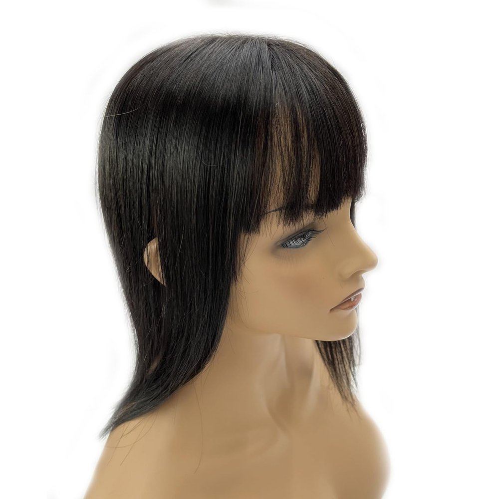12x13cm(4.7"x5.1") full silk based human hair topperswith bangs for women thin hair or hair loss gift. 4 clips Natural looking 16 Natural Black)