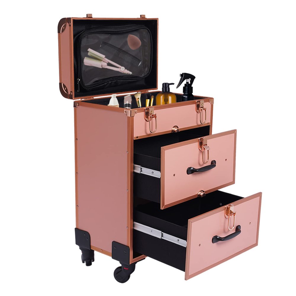 BounceyCart Professional Rolling Makeup Train Case, 3 Tier Cosmetology Case on Wheels Trolley Traveling Cosmetic Train Case 2 Large Drawer Nail Case Travel Storage Organizer Box (Gold)