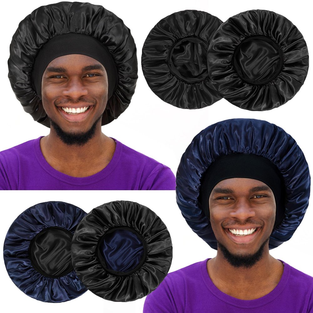 2pcs Bonnet for Men, Bonnets for Women, Satin Silk Hair Bonnet for Sleeping, Reversible Double Layer Wide Band Sleep Cap for Curly Hair Braids