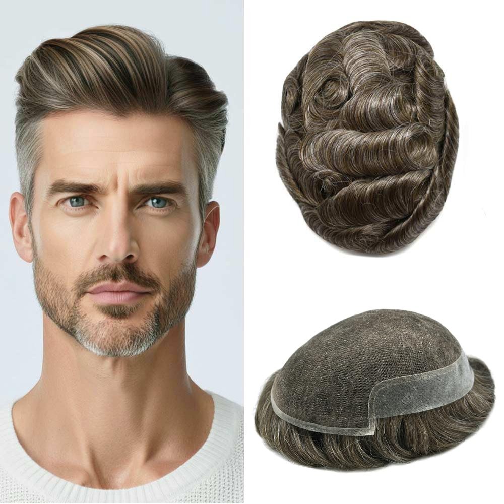 Mens Toupee Hairpieces For Men Hair Replacement System French Lace Front Natural Hairline Human Hair Piece Thin Skin PU Prosthesis Units For Man Hair Patch Wigs 7"x9" #430 Medium Brown Mixed 30% Gray