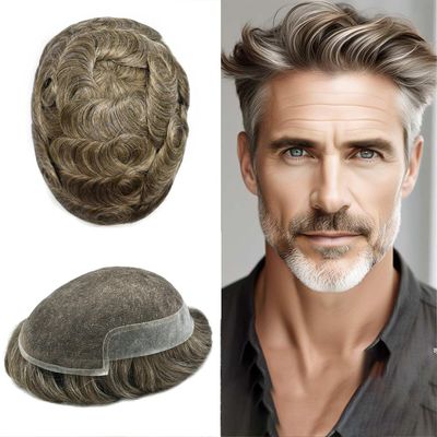 Mens Toupee Hairpieces For Men Hair Replacement System French Lace Front Natural Hairline Human Hair Piece Thin Skin PU Prosthesis Units For Man Hair Patch Wigs 7"x9" #620 Light Brown Mixed 20% Gray
