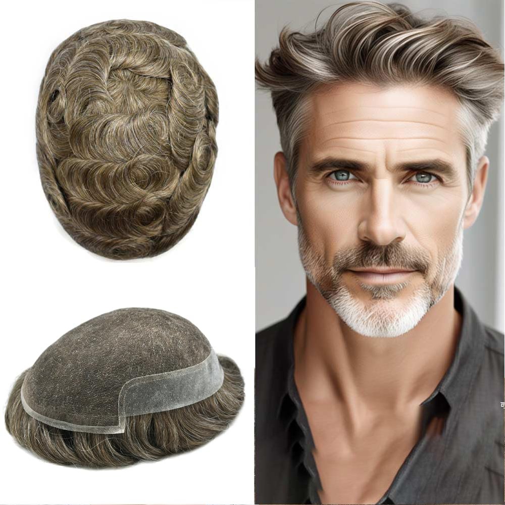 Mens Toupee Hairpieces For Men Hair Replacement System French Lace Front Natural Hairline Human Hair Piece Thin Skin PU Prosthesis Units For Man Hair Patch Wigs 7"x9" #620 Light Brown Mixed 20% Gray