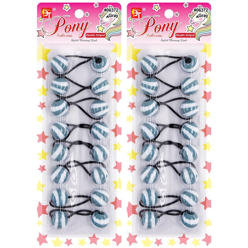 16 Pcs 20mm Hair Ties Hair Accessories for Girls Double Striped Hair Ties with Balls Bubble Twinbead Ponytail Holders (Gray)