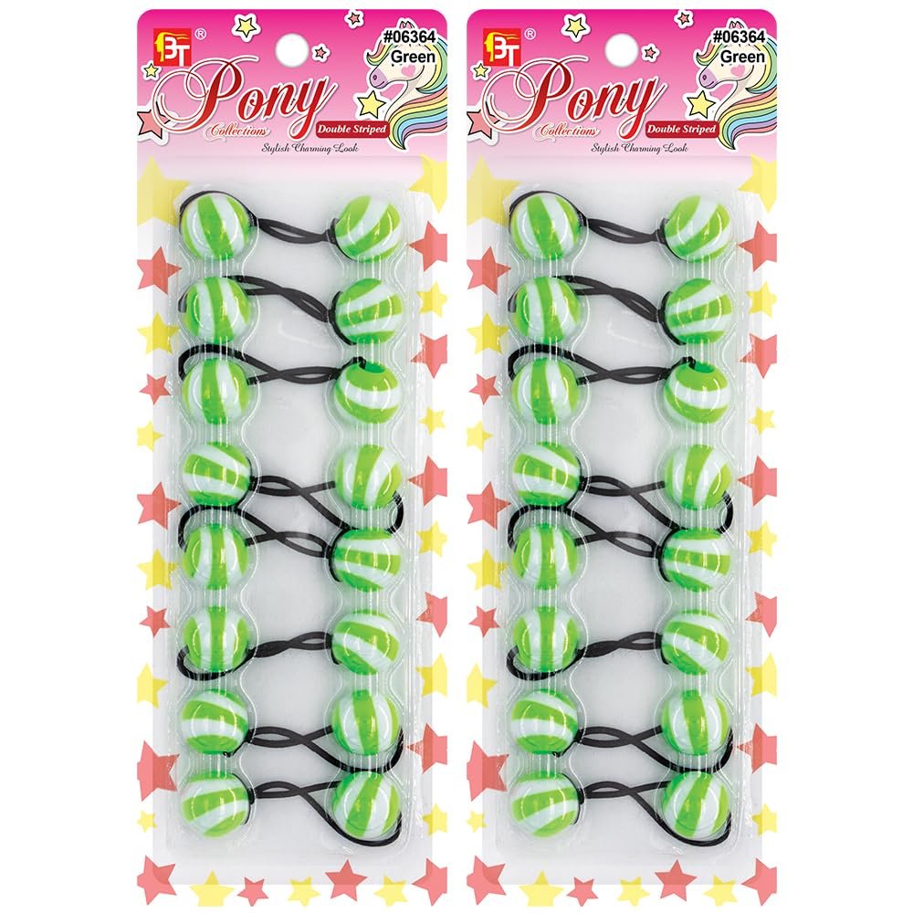 16 Pcs 20mm Hair Ties Hair Accessories for Girls Double Striped Hair Ties with Balls Bubble Twinbead Ponytail Holders (Green)