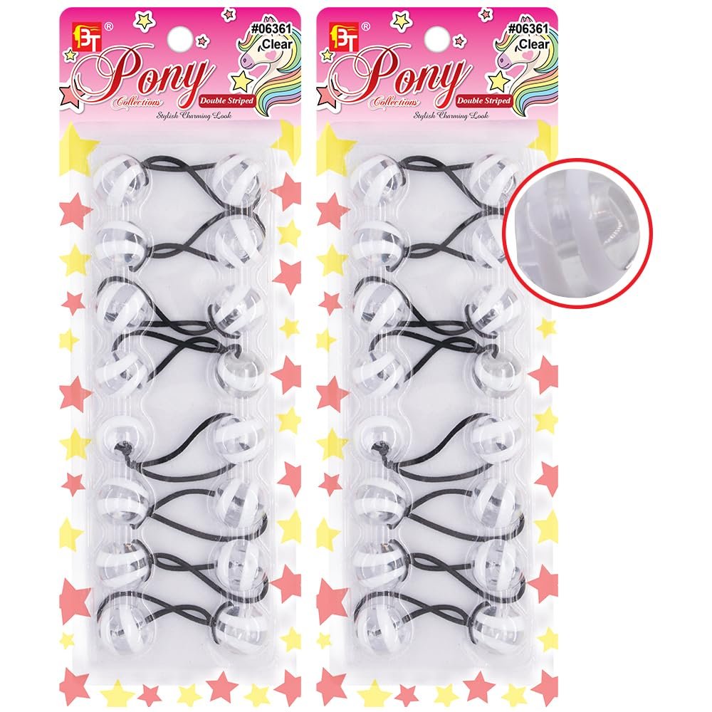 16 Pcs 20mm Hair Ties Hair Accessories for Girls Double Striped Hair Ties with Balls Bubble Twinbead Ponytail Holders (Clear)