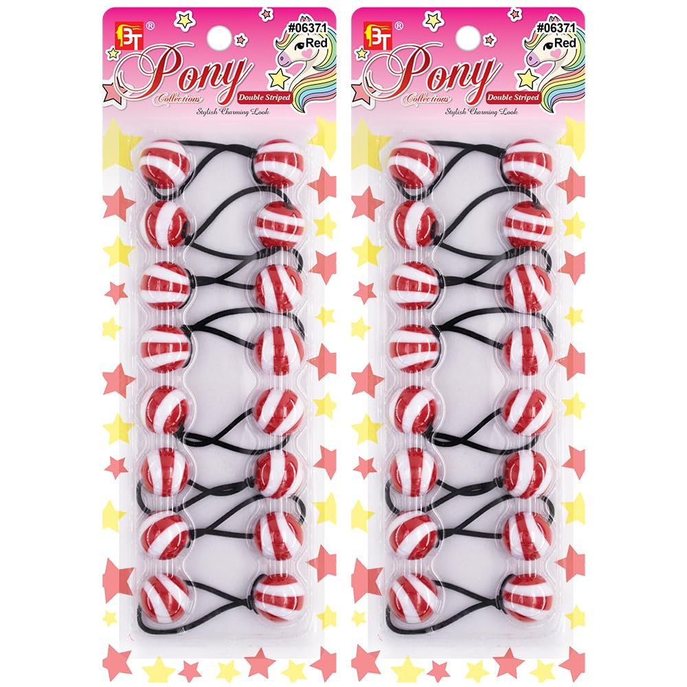 16 Pcs 20mm Hair Ties Hair Accessories for Girls Double Striped Hair Ties with Balls Bubble Twinbead Ponytail Holders (Red)