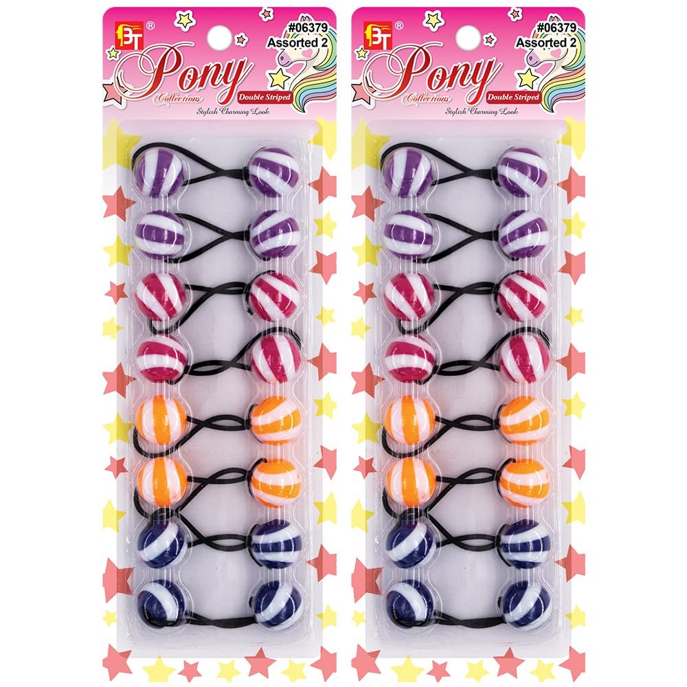 16 Pcs 20mm Hair Ties Hair Accessories for Girls Double Striped Hair Ties with Balls Bubble Twinbead Ponytail Holders (Assorted 2)