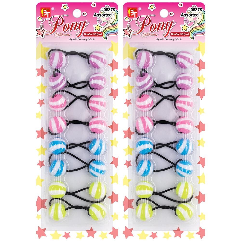 16 Pcs 20mm Hair Ties Hair Accessories for Girls Double Striped Hair Ties with Balls Bubble Twinbead Ponytail Holders (Assorted 1)