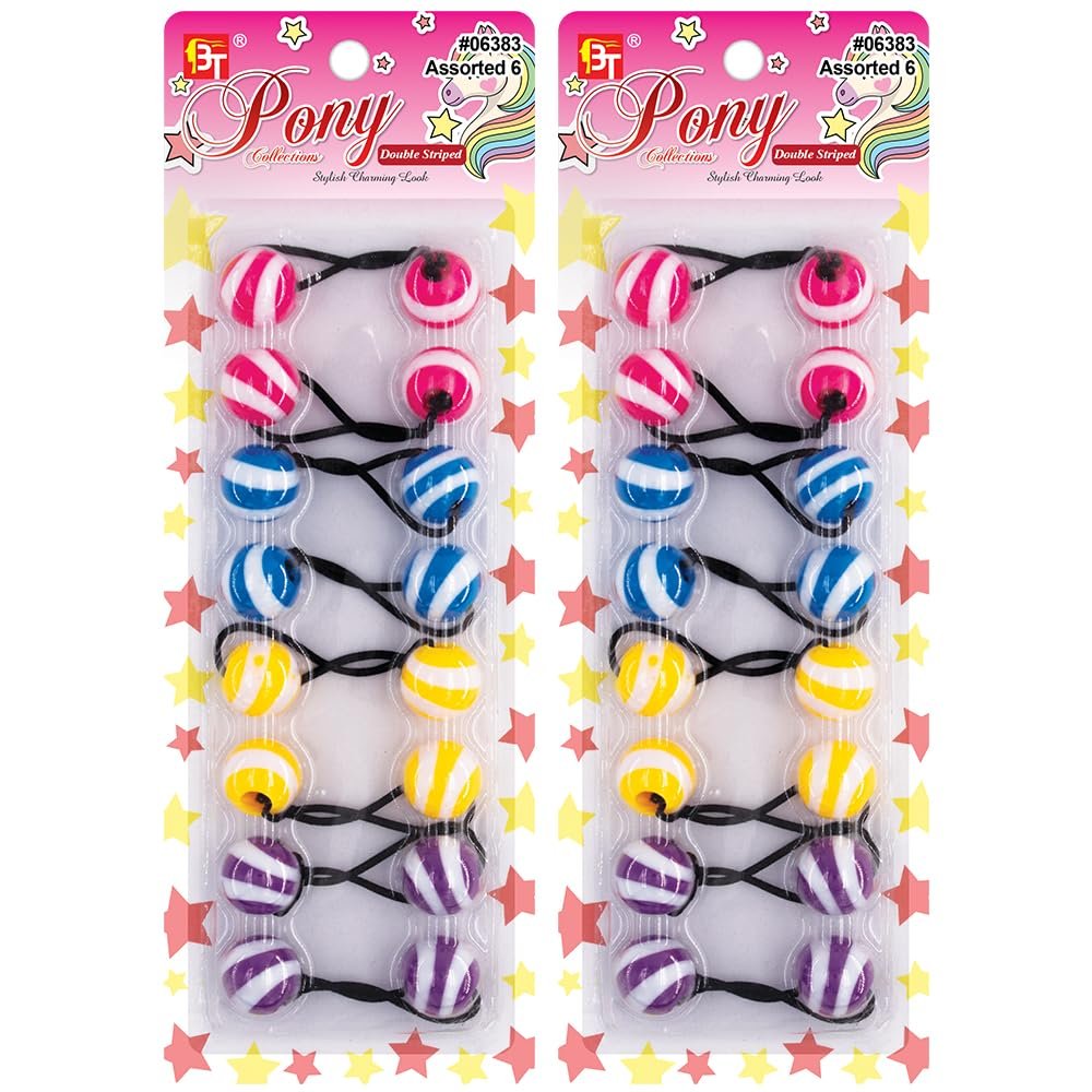 16 Pcs 20mm Hair Ties Hair Accessories for Girls Double Striped Hair Ties with Balls Bubble Twinbead Ponytail Holders (Assorted 6)