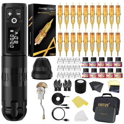Ambition Soldier Tattoo Machine Kit Complete Rotary Wireless Tattoo Pen Gun Kit with 20pcs Glory Tattoo Cartridge Needles Practice Skin Supplies for Beginners & Professional Artists, Black