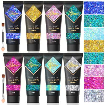 8PCS Face Glitter Gel, Holographic Body Glitter Gel for Hair, Body, Face, Lip, Eyeshadow, Glitter Face Paint, Chunky Glitter for Makeup, Sparkling Glitter Makeup for Concerts Music Festival Rave