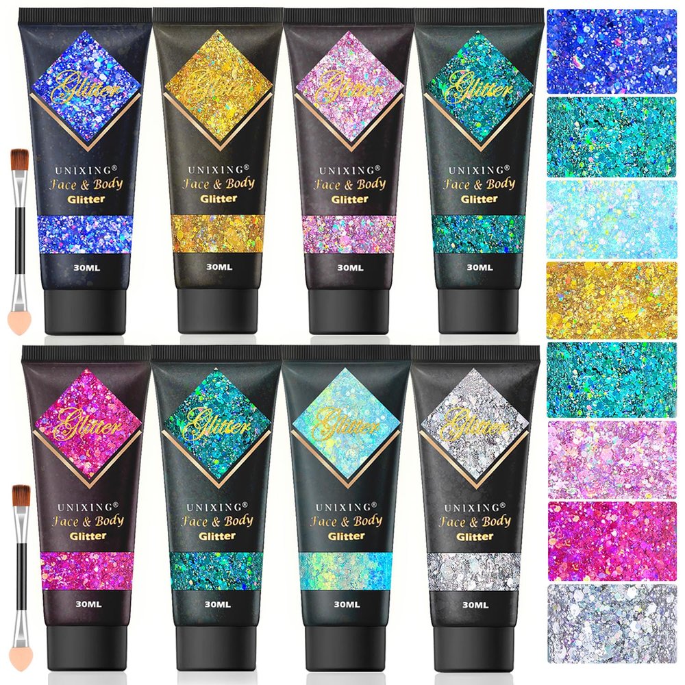 8PCS Face Glitter Gel, Holographic Body Glitter Gel for Hair, Body, Face, Lip, Eyeshadow, Glitter Face Paint, Chunky Glitter for Makeup, Sparkling Glitter Makeup for Concerts Music Festival Rave