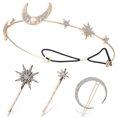 Beaupretty Stars and Moon Hair Clips Rhinestone Hair Pins Moon and Star Headband Side Clip Wedding Head Chain Accessoeies Headpiece for Women Girls