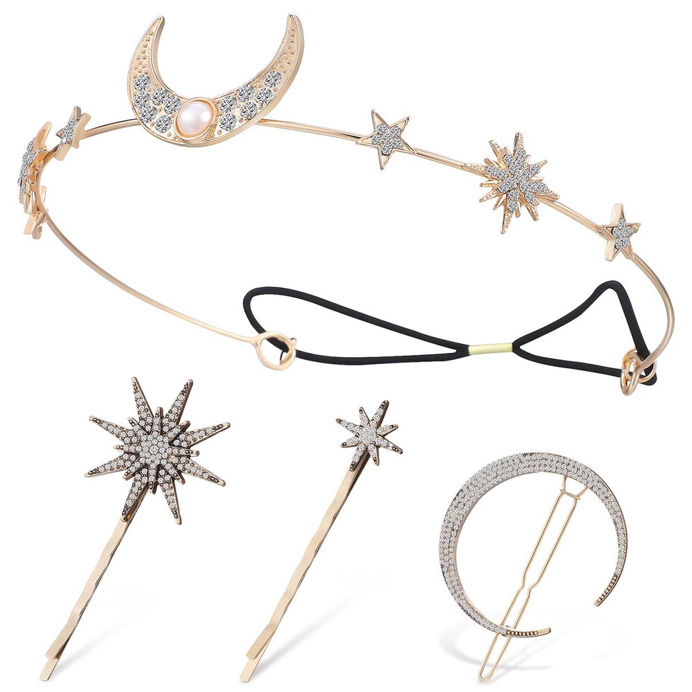 Beaupretty Stars and Moon Hair Clips Rhinestone Hair Pins Moon and Star Headband Side Clip Wedding Head Chain Accessoeies Headpiece for Women Girls