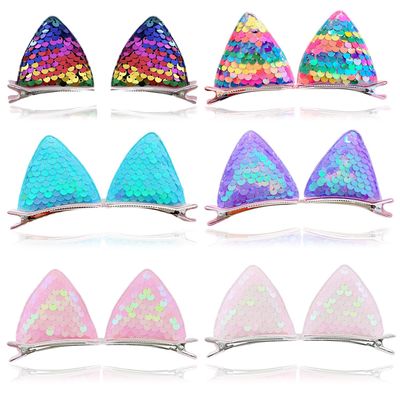 12 Glitter Sparkly Cat Ear Hair Clips and Barrettes for Girls, Toddlers, and Kids - Animal Hair Pins