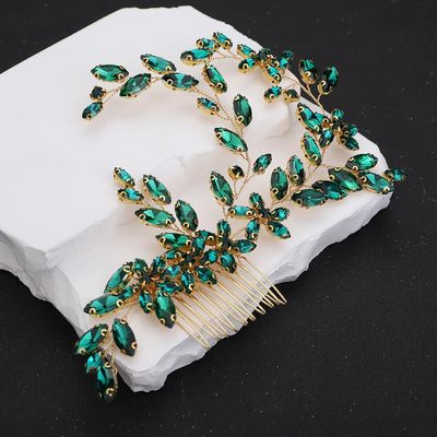 Teyglen Crystal Wedding Headpiece Flower Rhinestone Bridal Hair Comb Headband Hair Accessories for Bride Handmade Crystal Hair Piece Bridal Side Comb for Women Girls (Green)