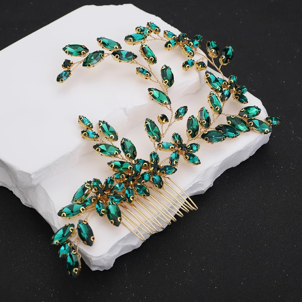 Teyglen Crystal Wedding Headpiece Flower Rhinestone Bridal Hair Comb Headband Hair Accessories for Bride Handmade Crystal Hair Piece Bridal Side Comb for Women Girls (Green)