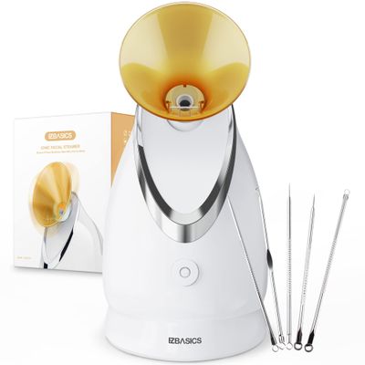 EZBASICS Facial Steamer Ionic Face Steamer for Home Facial, Warm Mist Humidifier Atomizer for Face Sauna Spa Sinuses Moisturizing, Unclogs Pores, 1 Pack + 5 Stainless Steel Skin Kit Golden Yellow