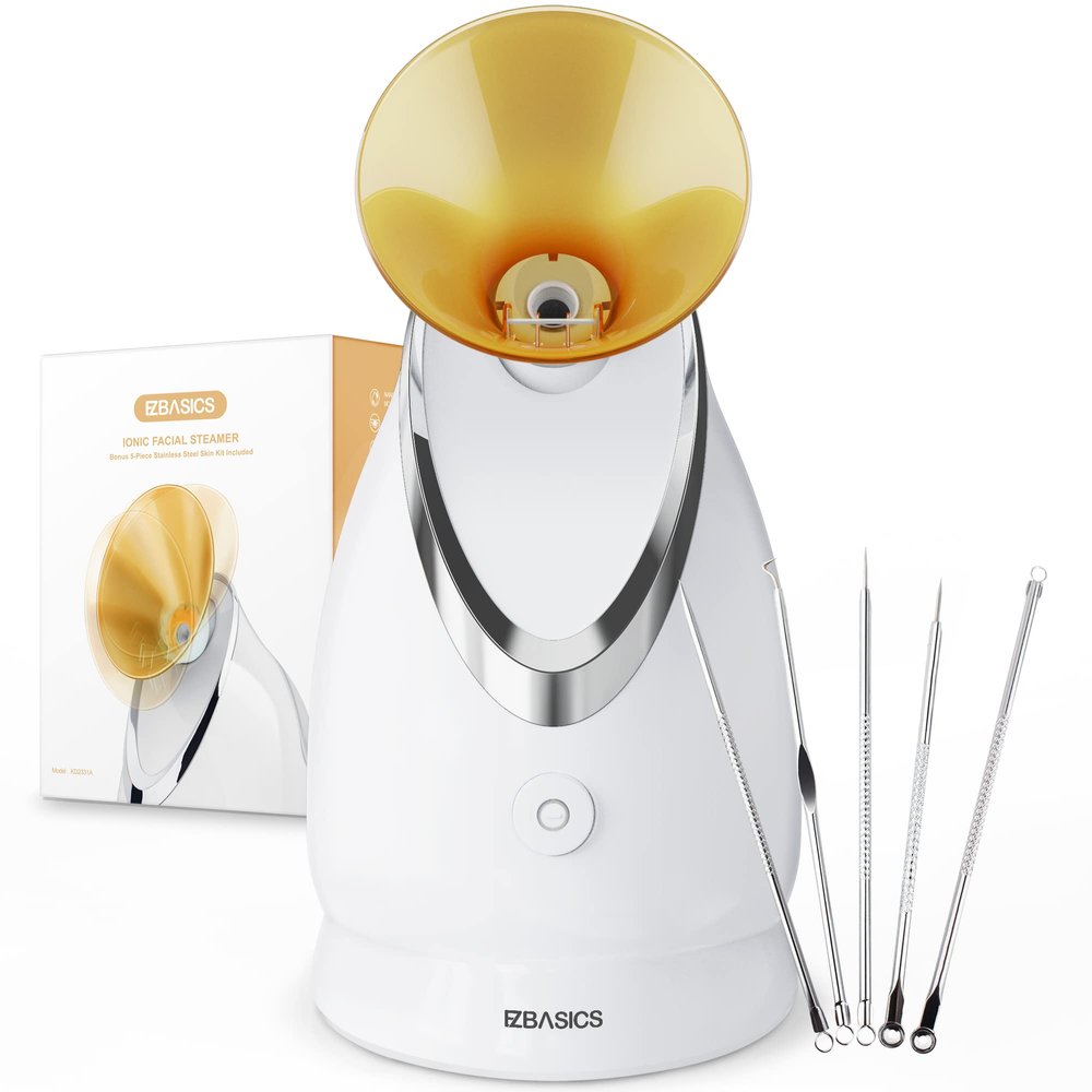 EZBASICS Facial Steamer Ionic Face Steamer for Home Facial, Warm Mist Humidifier Atomizer for Face Sauna Spa Sinuses Moisturizing, Unclogs Pores, 1 Pack + 5 Stainless Steel Skin Kit Golden Yellow