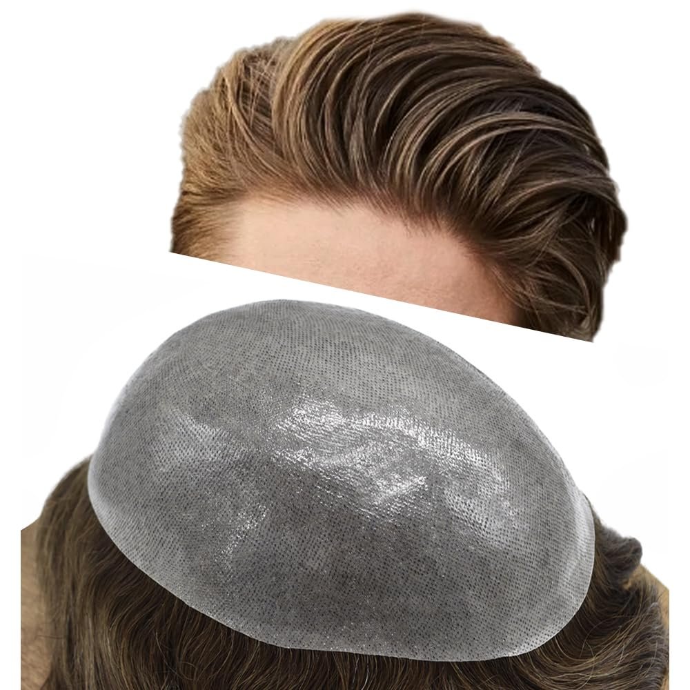 Mens Toupee Full Poly Hairpiece Hair Replacement System for Men Durable 0.12mm Thickness Skin PU Human Hair Wigs 8"X10"#2 Darkest Brown-120% Density