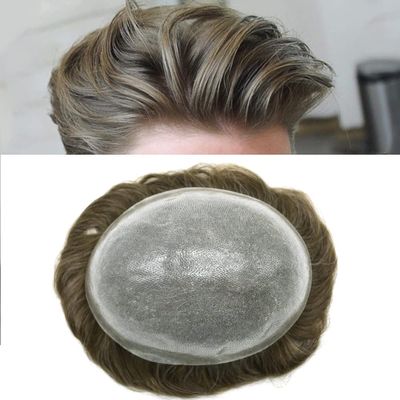 Mens Toupee Full Poly Hairpiece Hair Replacement System for Men Durable 0.12mm Thickness Skin PU Human Hair Wigs 8"X10"#565 Light-Med Brown-65% Gray-120% Density