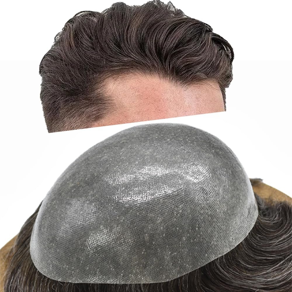 Mens Toupee Full Poly Hairpiece Hair Replacement System for Men Durable 0.12mm Thickness Skin PU Human Hair Wigs 8"X10"#1730 Dark Ash Blonde+30% Gray-120% Density