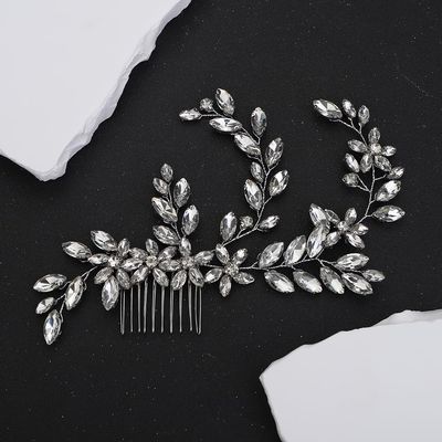 Teyglen Silver Crystal Wedding Headpiece Flower Rhinestone Bridal Hair Comb Headband Hair Accessories for Bride Handmade Crystal Hair Piece Bridal Side Comb for Women Girls (Silver)