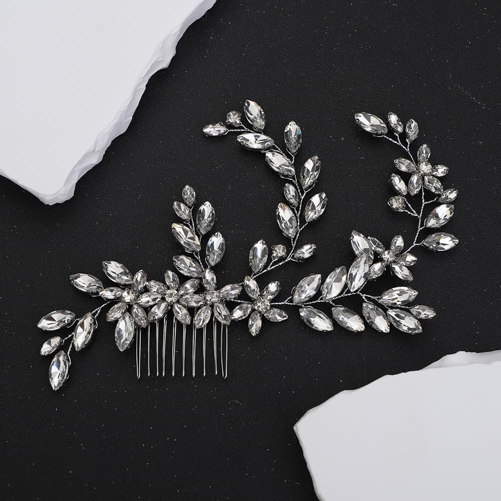 Teyglen Silver Crystal Wedding Headpiece Flower Rhinestone Bridal Hair Comb Headband Hair Accessories for Bride Handmade Crystal Hair Piece Bridal Side Comb for Women Girls (Silver)