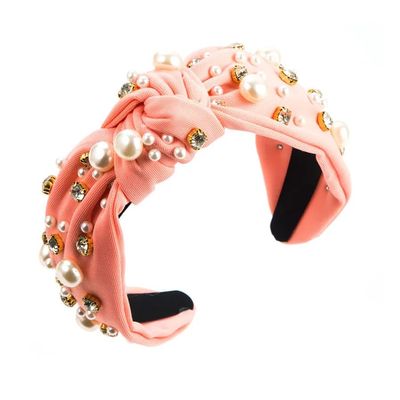Wvapzxx White Red Full Pearl Crystals Rhinestone Hairband Fabric Wide-Brimmed Headband Luxury Baroque Wide Headband For Women