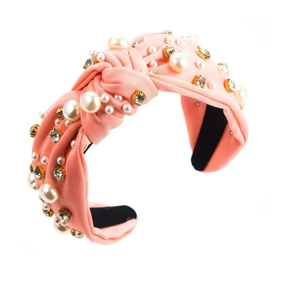 Wvapzxx White Red Full Pearl Crystals Rhinestone Hairband Fabric Wide-Brimmed Headband Luxury Baroque Wide Headband For Women
