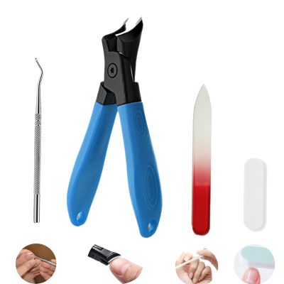 4 pcs Set Thick Hard Bevel Nail Clipper,Nano-Glass Nail Files,ingrown Nail Lifter,Nail Buffer, Long Handle Adult toenails Stainless Steel Large Opening Pliers Head Large Nail Clippers
