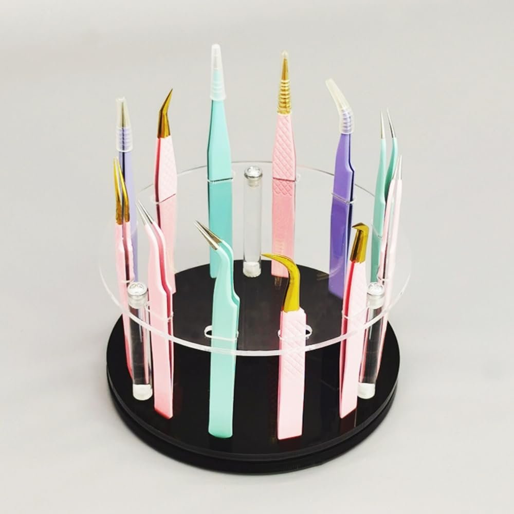 12 Holes Rotatable Acrylic Tweezers Holder, Grafting Eyelash Makeup Tweezer Stand Display Extensions Organizer Individual Training Tools (Black)