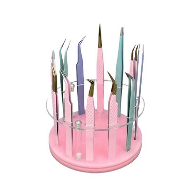 12 Holes Rotatable Acrylic Tweezers Holder, Grafting Eyelash Makeup Tweezer Stand Display Extensions Organizer Individual Training Tools (Pink)