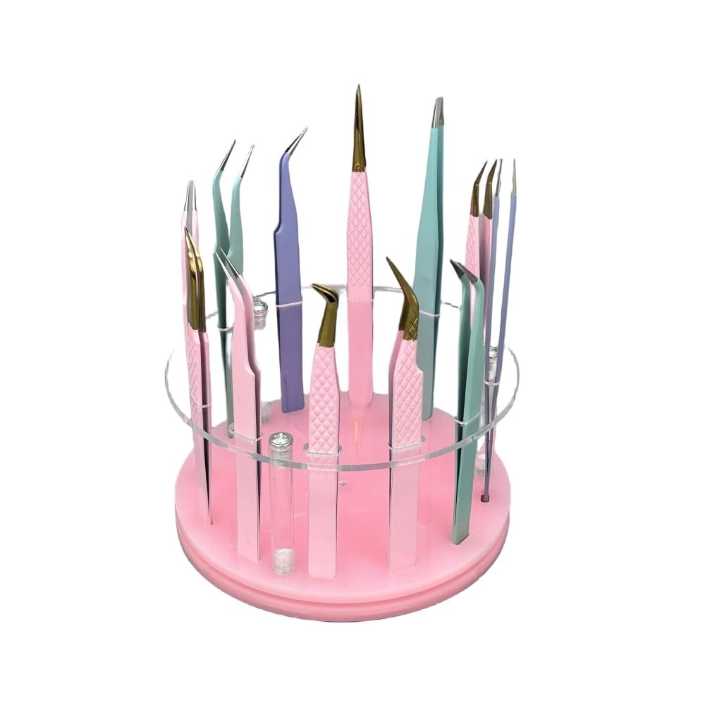 12 Holes Rotatable Acrylic Tweezers Holder, Grafting Eyelash Makeup Tweezer Stand Display Extensions Organizer Individual Training Tools (Pink)
