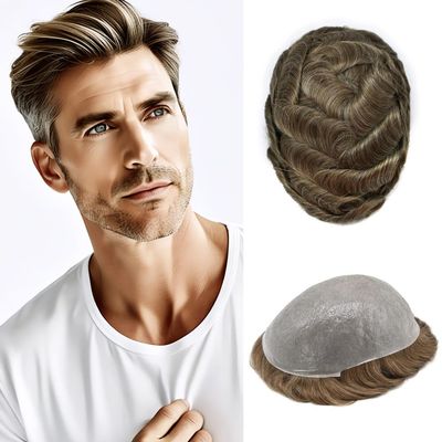 Toupee For Men Hair Replacement System Ultra Thin Skin Mens Toupee Human Hair All V-looped PU 0.06mm Hairpiece For Men Hair Prosthesis Units Patch Wigs #1730 Dark Ash Blonde Mixed 30% Gray