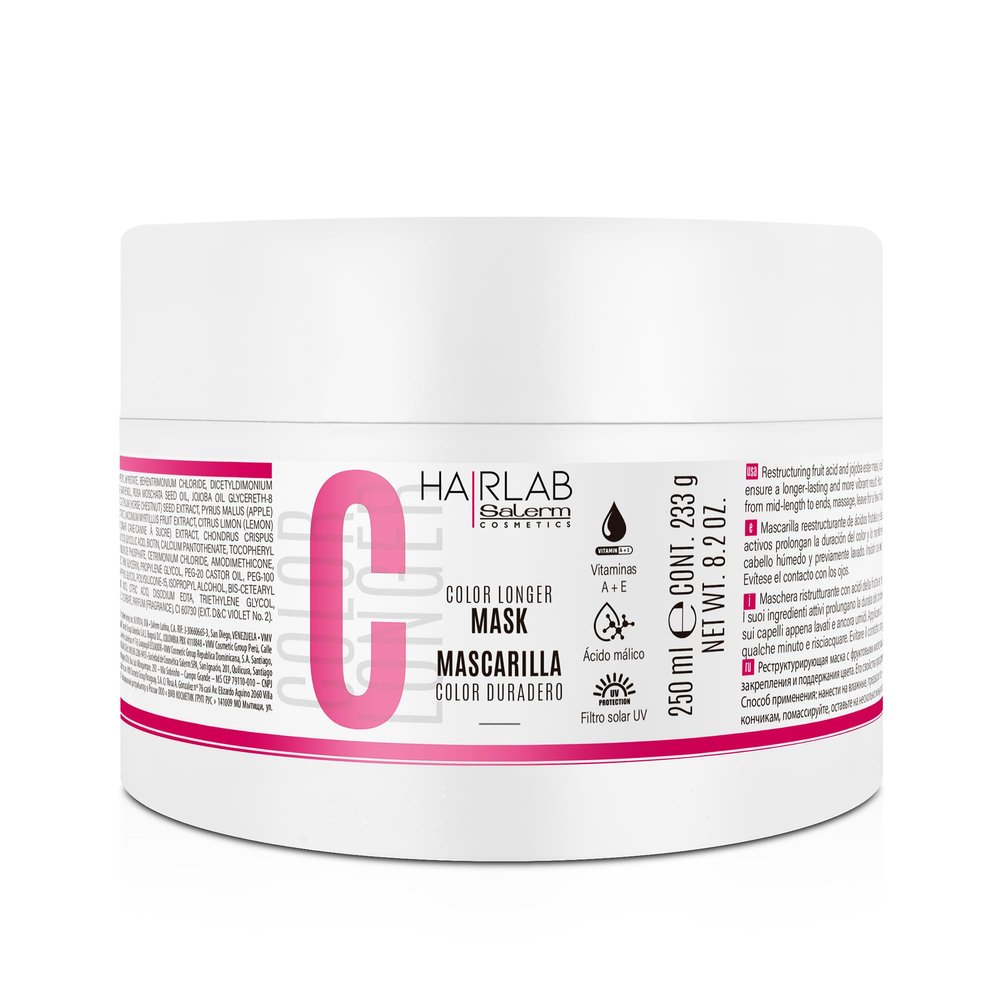 SALERM - Dyed, Bleached, or Gray Hair Mask - Color Longer Hair Lab - 250 ml - with Vitamins A and E - Seals and Maintains Color - Shinier Hair - Sulfate and Paraben-Free