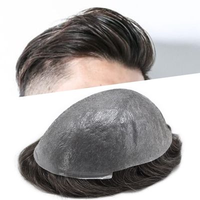 Super Thin Skin Men toupee 0.06mm Men Hair Replacement System V-loop Knots Hair New Hair piece Natural Men Wigs 8"x10"#210 Darkest Brown with 10% gray hair-100% Light to Medium Light Density
