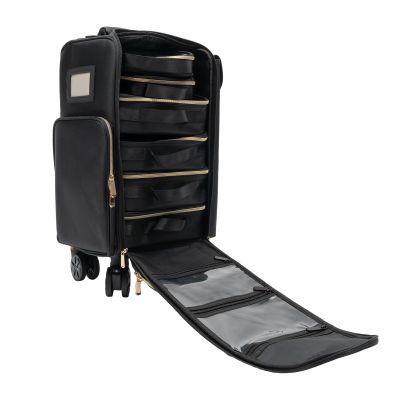 Goudergo Rolling Makeup Train Case,Cosmetic Storage Organizer Pro Adjustable Travel Trolley with Compartments, Professional Makeup Case for Beauty Parlors and Salons