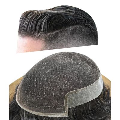 Mens Toupee Hair Replacement System for Men Transparent French Lace Hairpiece Blenched Knot Front Clear Poly Skin PU Human Hair Piece for Men 8"X10" #1B30 Off Black with 30% gray hair -120% density