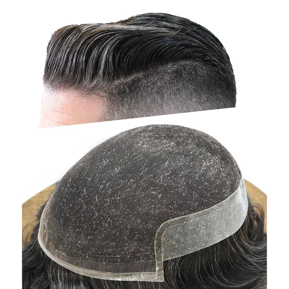 Mens Toupee Hair Replacement System for Men Transparent French Lace Hairpiece Blenched Knot Front Clear Poly Skin PU Human Hair Piece for Men 8"X10" #1B30 Off Black with 30% gray hair -120% density
