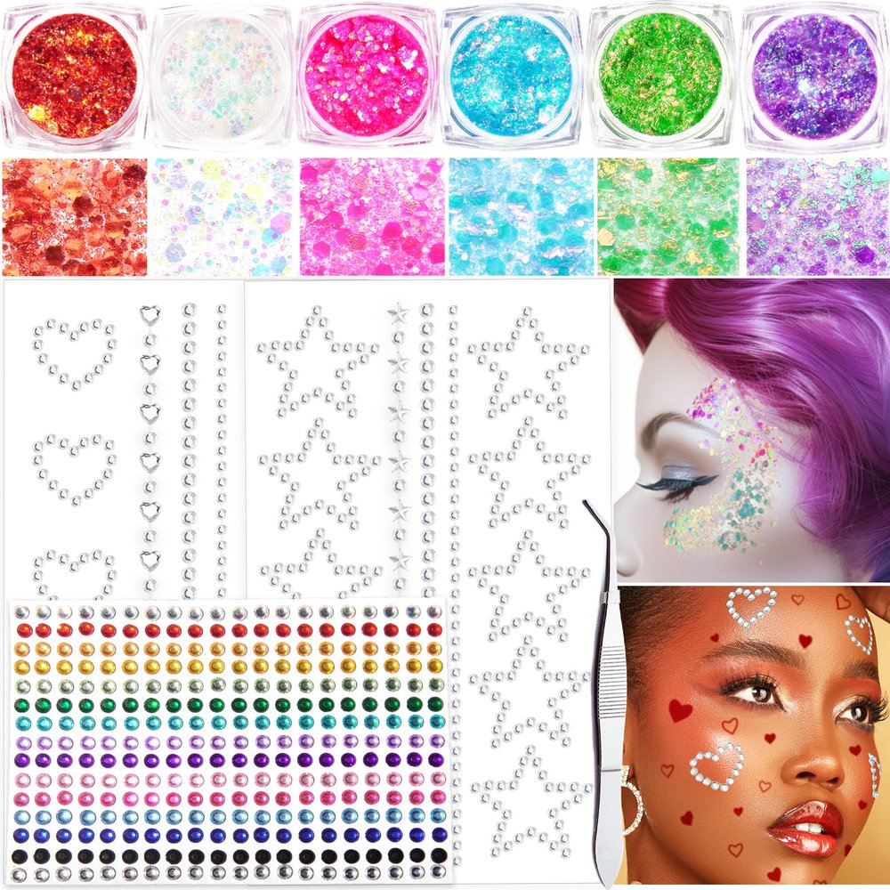 Loikmiup Body Glitter Face Glitter Gel with Face Heart Star Stickers, 6 Colors Festival Makeup Glitter Hair Glitter Gel with Self Adhesive Heart Star Gems 15 Colors Rhinestones Gmes for Hair Face Body