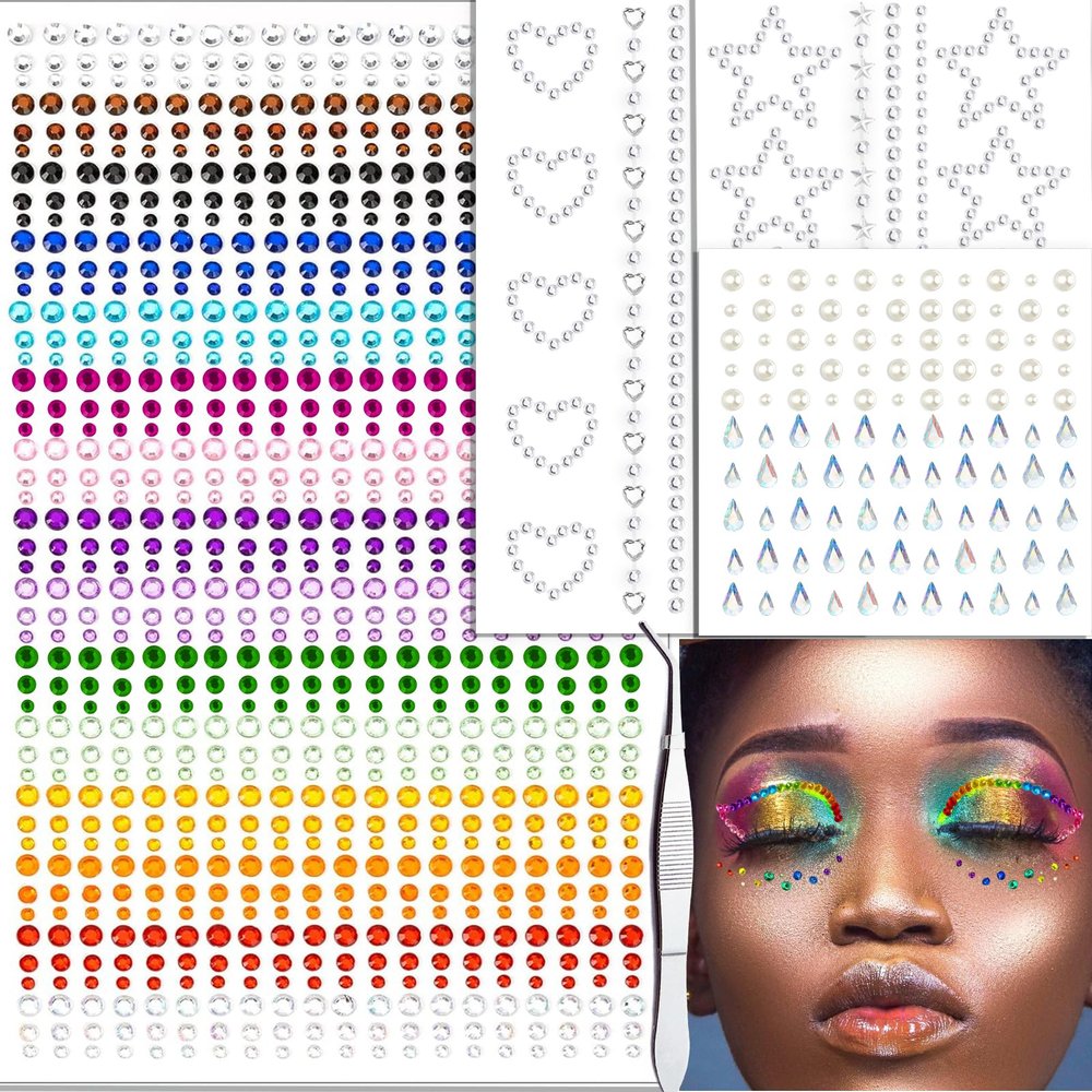 1038 Pcs of Hair Face Gems Rhinestones Pearls Stick on 15 Colors Hearts Star Gems Stickers Self Adhesive Face Hair Jewels, Stick on Rhinestones Pearls Stickers for Hair, Face, Festival Makeup, Crafts