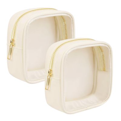 Ebbniur Clear Makeup Bag for Purse 2 Pcs Small Nylon Zipper Pouch Mini Travel Cosmetic Bag Clear Toiletry Bags for Traveling Cute Makeup Organizer for Women (2pcs beige clear)
