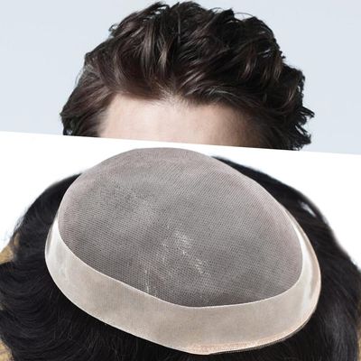Toupee For Men Poly Skin Around Fine Mono Real Hair Replacement System Human Hair Mens Toupee Durable MensHairpiece 7"X9"#1B10 Off Black with 10%gray hair -120% Medium Light to Medium Density