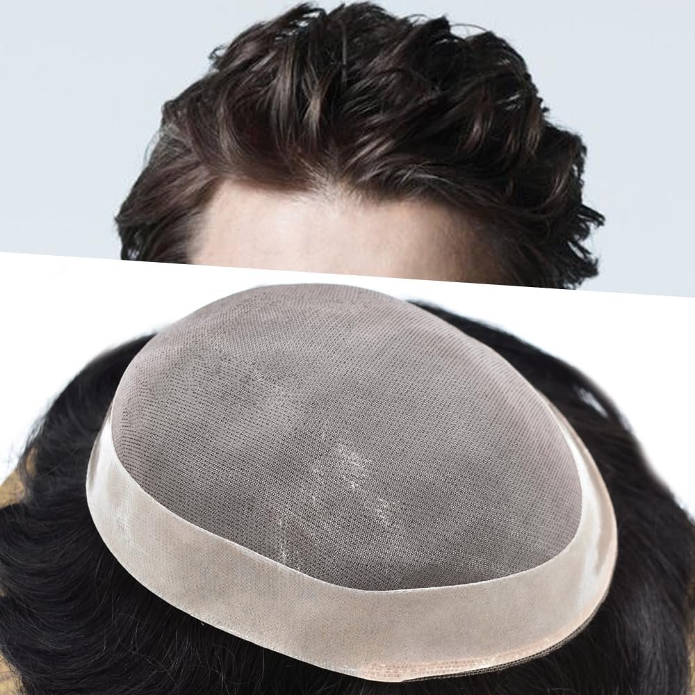 Toupee For Men Poly Skin Around Fine Mono Real Hair Replacement System Human Hair Mens Toupee Durable MensHairpiece 7"X9"#1B10 Off Black with 10%gray hair -120% Medium Light to Medium Density