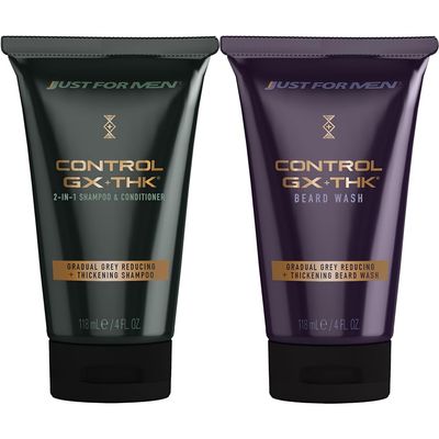 Just for Men Control GX + THK Grey Reducing and Thickening 2-in-1 Shampoo & Conditioner, 4 oz (Pack of 1) Control GX + THK Grey Reducing and Thickening Beard Wash, 4 oz (Pack of 1)