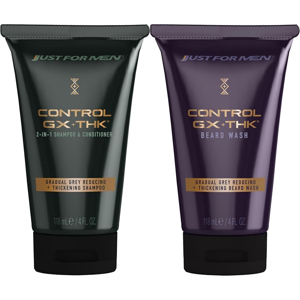 Just for Men Control GX + THK Grey Reducing and Thickening 2-in-1 Shampoo & Conditioner, 4 oz (Pack of 1) Control GX + THK Grey Reducing and Thickening Beard Wash, 4 oz (Pack of 1)