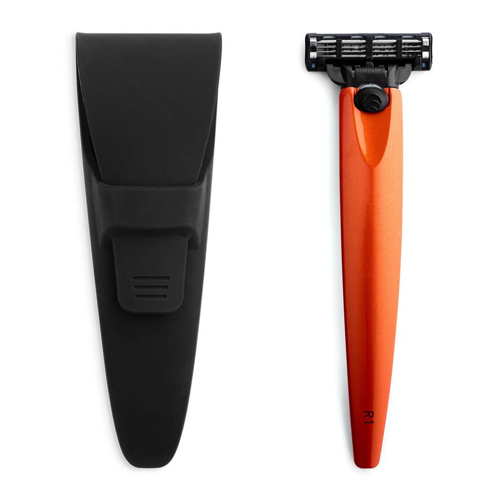 Bolin Webb Razor and Travel Case. Fitted with Gillette Mach3 Blade Cartridge. Luxury Razors for Men - Giftable R1 Style. (Yellow) (Burnt Orange)
